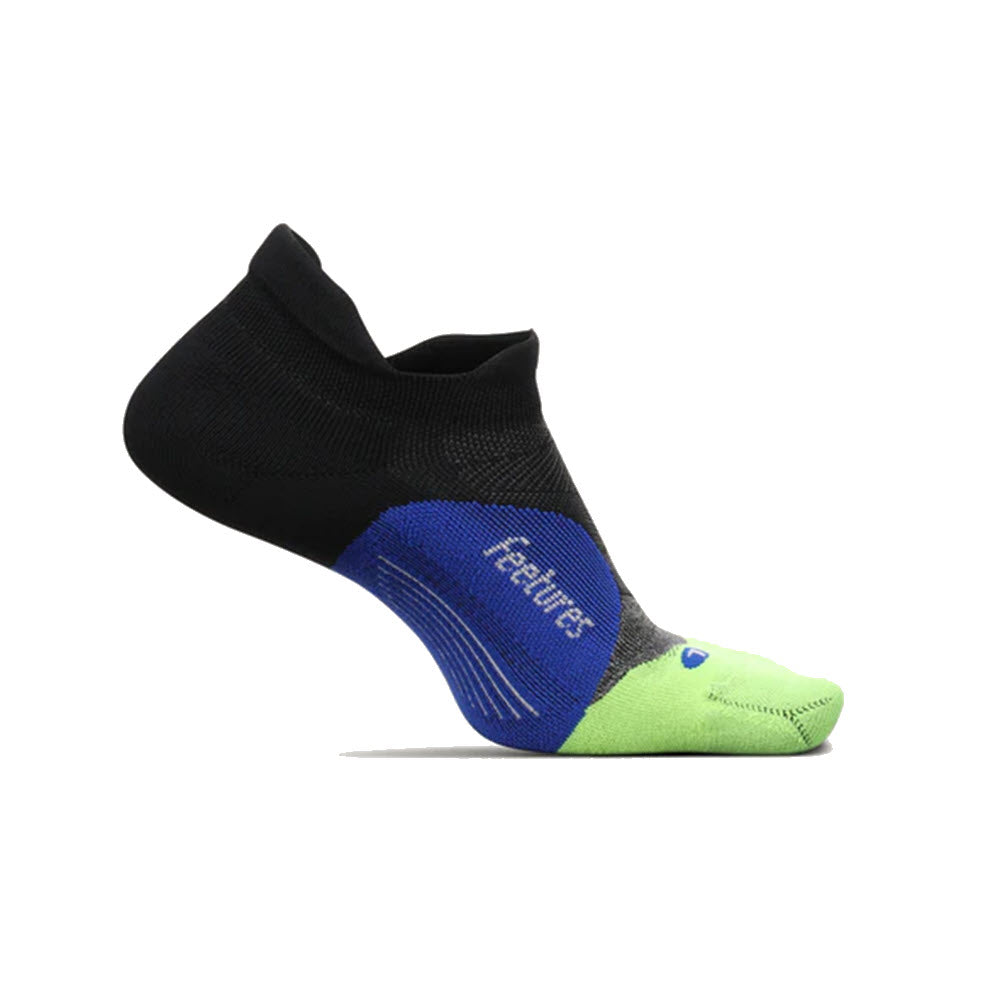 Black and green Feetures Elite Ultra Light No Show Tab athletic sock with blue detailing and targeted compression on a white background.