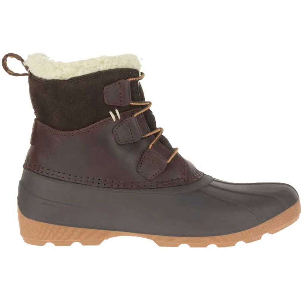 A Kamik women's winter boot with brown leather and dark rubber lower section, featuring fleece lining and hook-loop lace closures.