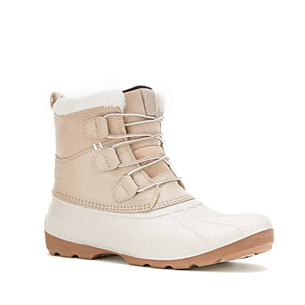 A KAMIK SIMONA MID BEIGE/WHITE - WOMENS winter boot with a white rubber sole and adjustable straps, featuring fleece insulation, isolated on a white background.
