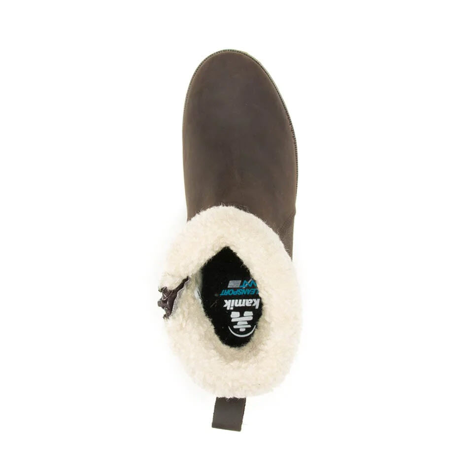 Top view of a single Kamik Ariel Fur Zip Dark Brown - Womens sheepskin boot with waterproof white lining.