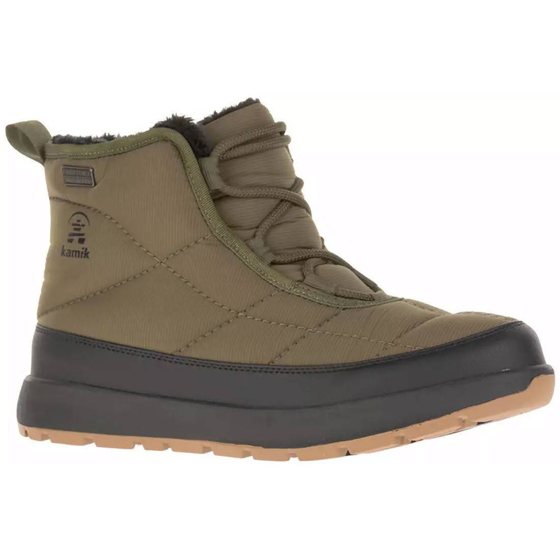 A Kamik Ella Low Dark Olive insulated winter boot with a rubber sole and DriDefense membrane branding on the side.