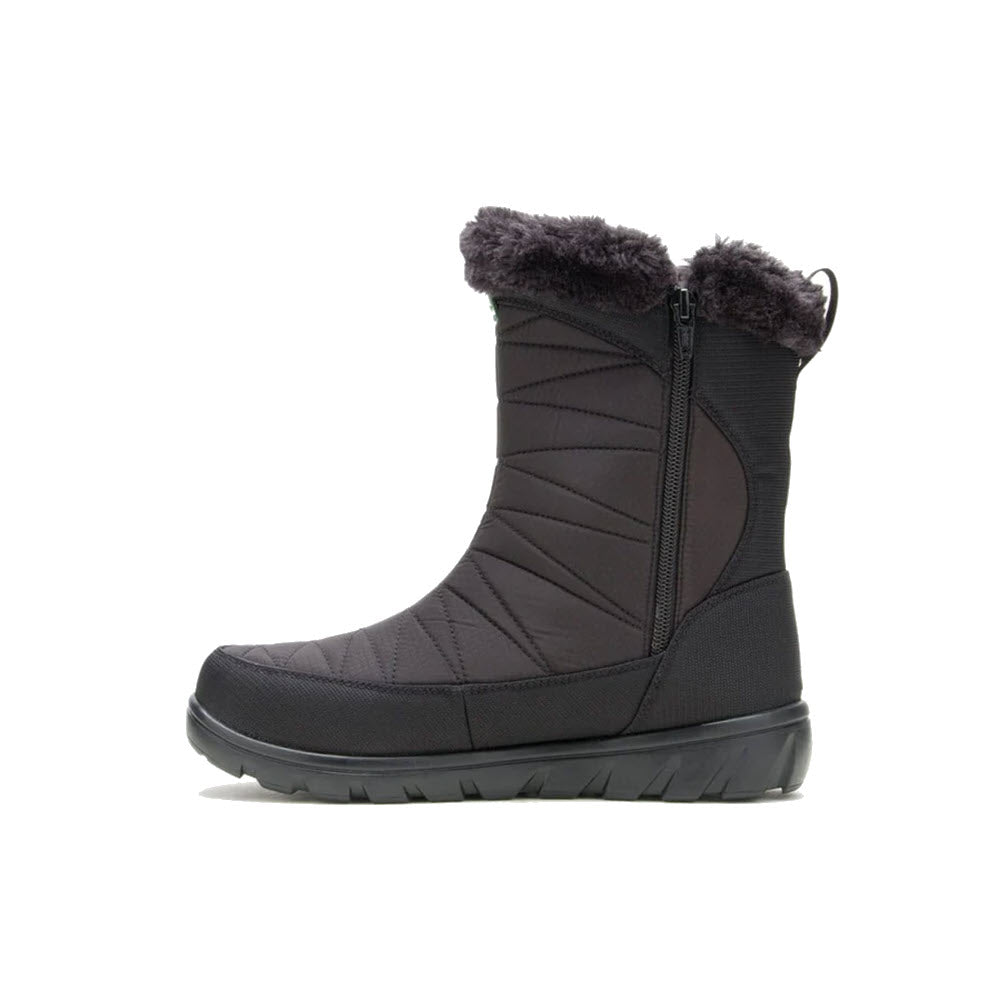 A single Kamik Hannah Zip Medium Black winter boot with a fur trim and waterproof construction, displayed against a white background.