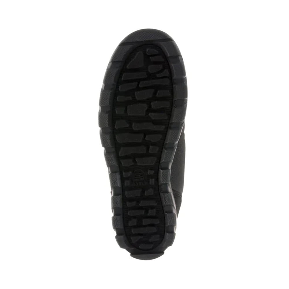 Bottom view of a Kamik shoe featuring a black sole with a distinct tread pattern, waterproof construction, and a small visible logo.