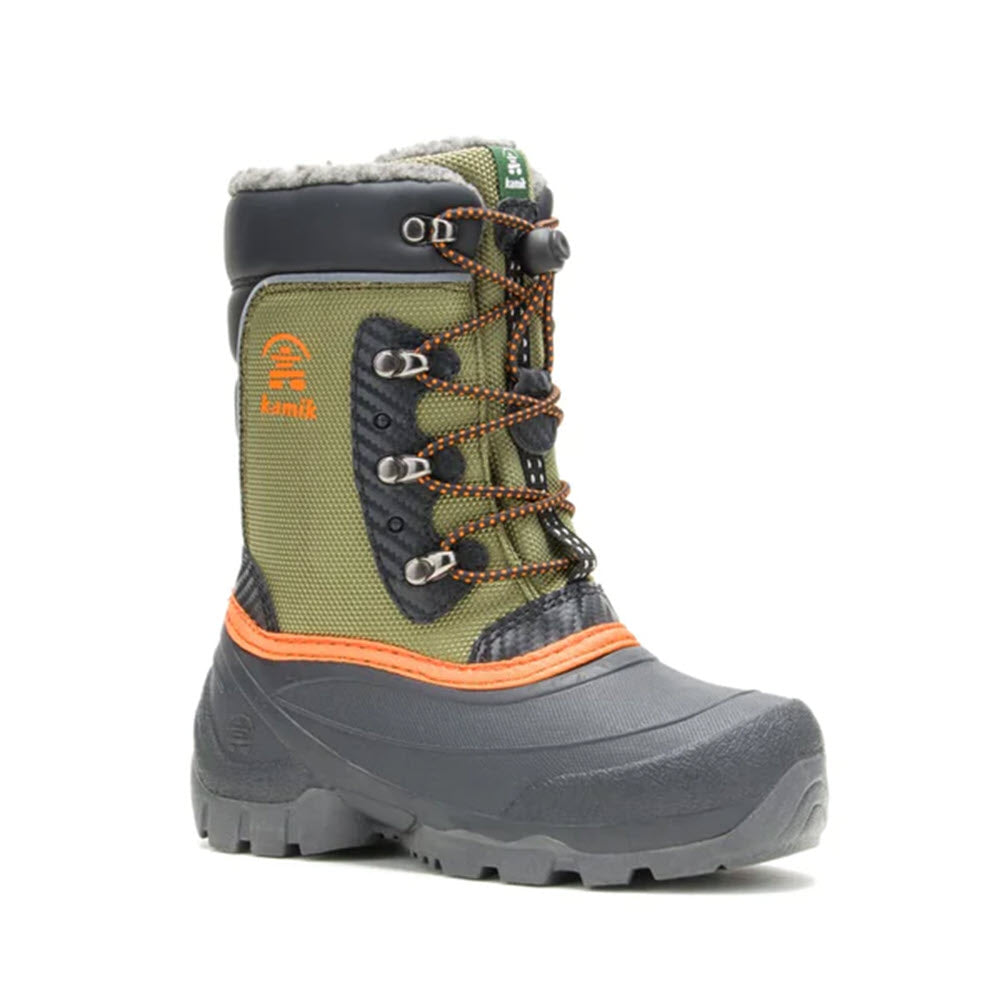 A single Kamik Luke 3 Olive winter boot with green and orange accents on a white background.