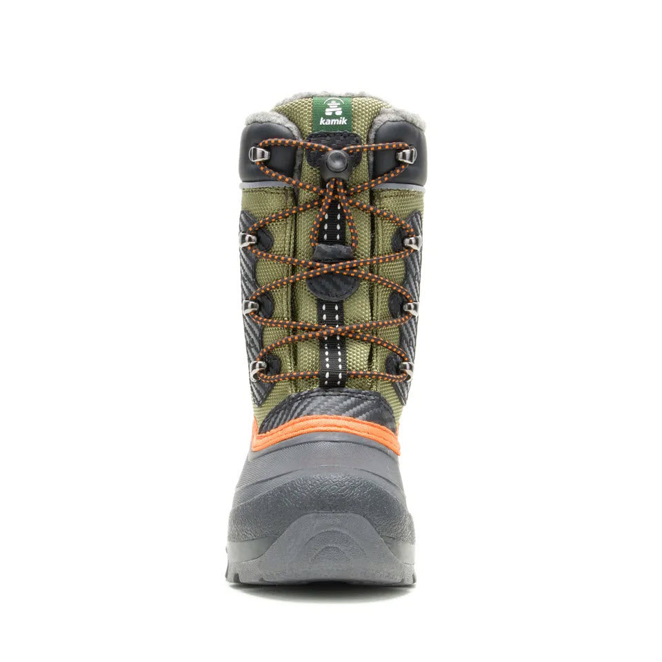 Front view of a Kamik Luke 3 Olive winter boot showing detailed lacing and a multicolored pattern, with an orange accent near the waterproof bottoms.