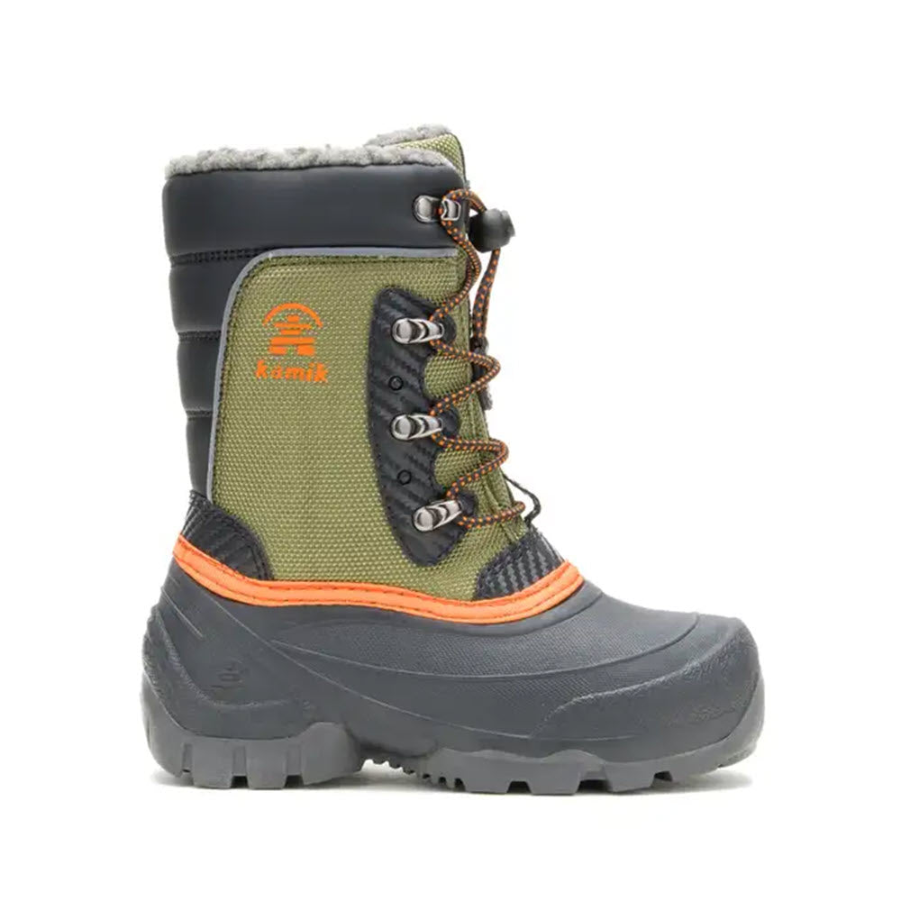 A single Kamik Luke 3 Olive - Kids winter boot with waterproof gray rubber lower, green upper, and orange accents, featuring a thick sole and lace-up design, isolated on a white background.