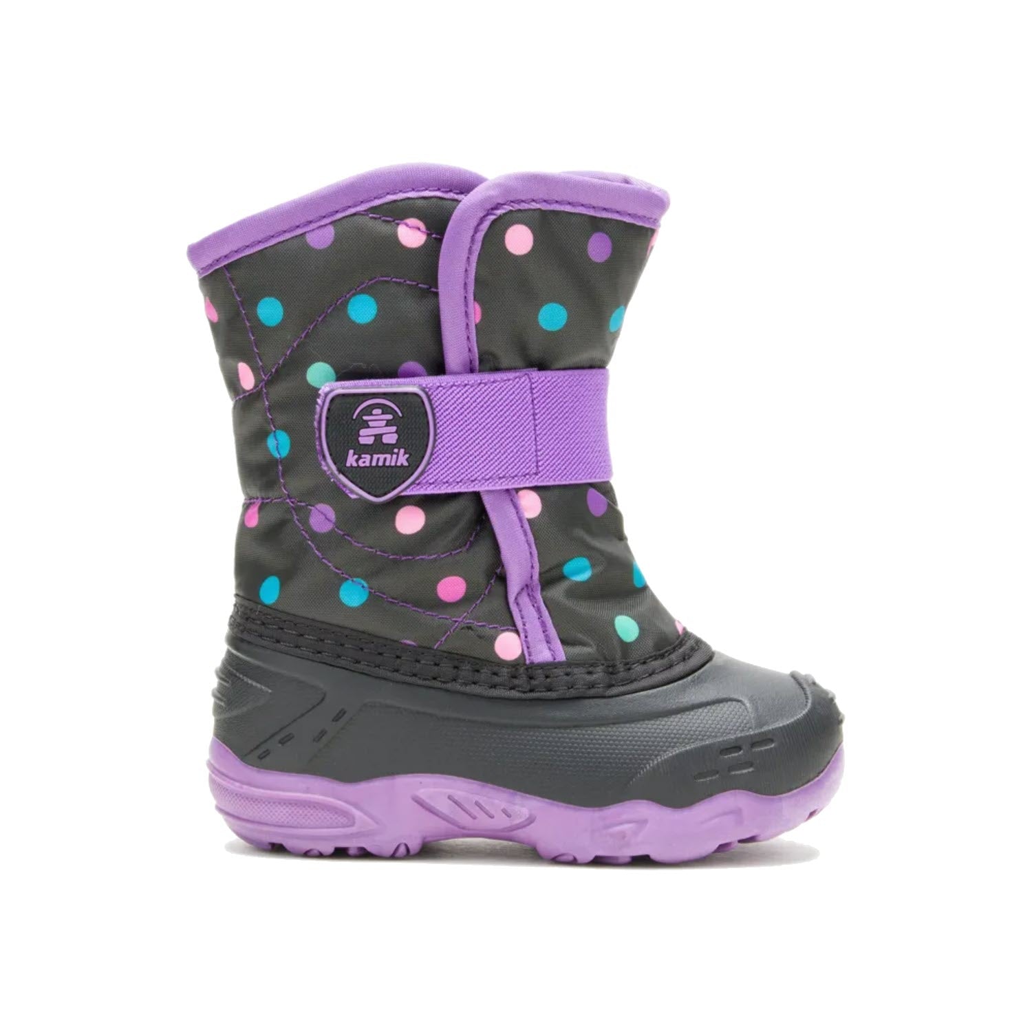 A Kamik toddler's winter boot with polka dots, purple accents, and a waterproof bottom.