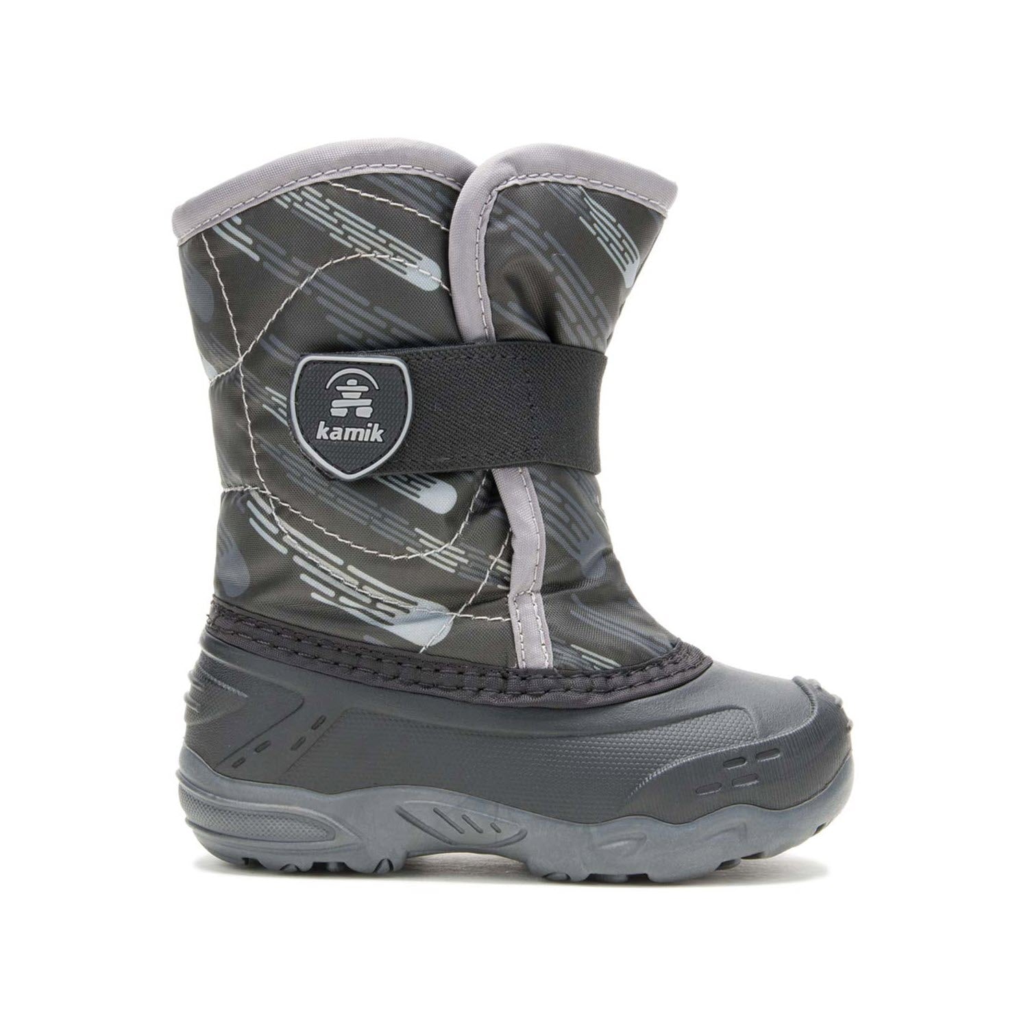 Child's Kamik Snowbug 6 Black/Grey - Kids winter boot with a patterned upper, a velcro strap, and thick treaded sole, isolated on a white background.