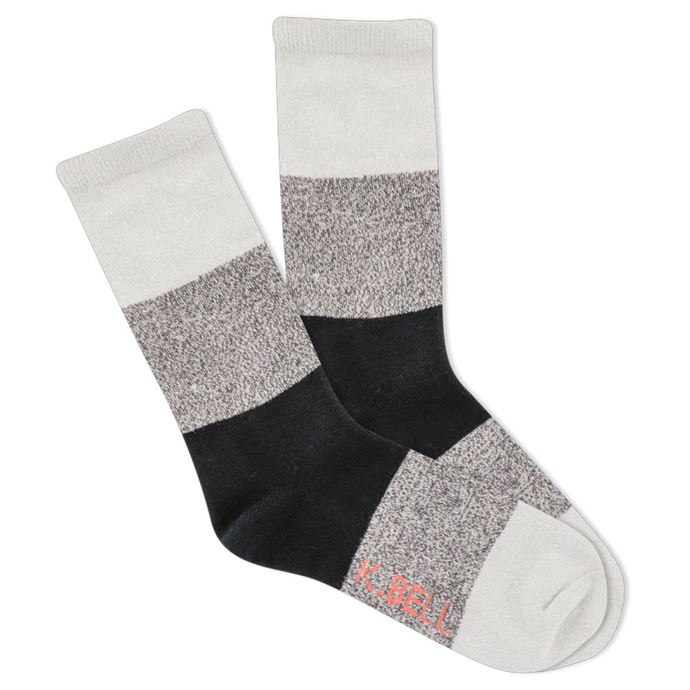 A pair of K. Bell Socks two-tone crew socks with a branded footbed, featuring a color block print.