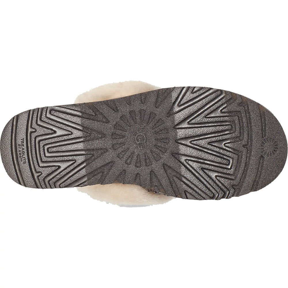 Bottom view of a UGG® Cozy Knit Charcoal women&#39;s slipper with a detailed tread pattern in shades of gray, displaying intricate geometric designs and grooves.