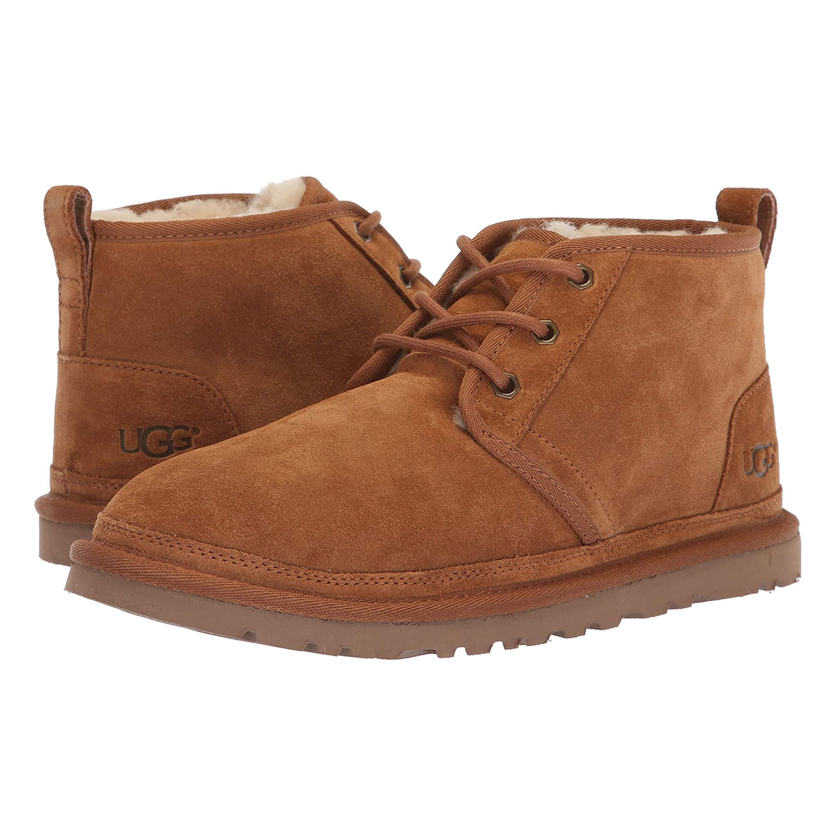 A pair of Ugg Neumel Chestnut chukka boots with a lace-up front and plush lining.