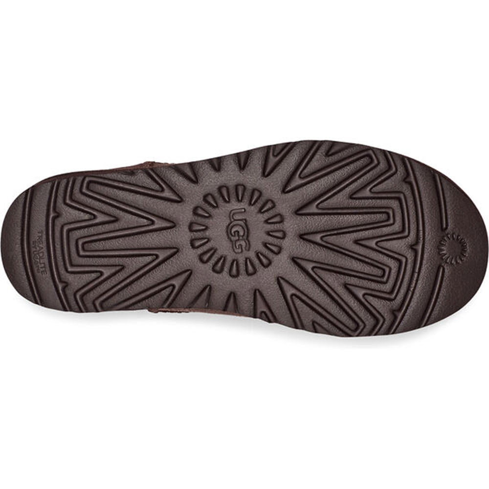 Sole of a brown UGG CLASSIC ULTRA MINI BURNT CEDAR boot with a distinct tread pattern and Ugg brand logo visible.