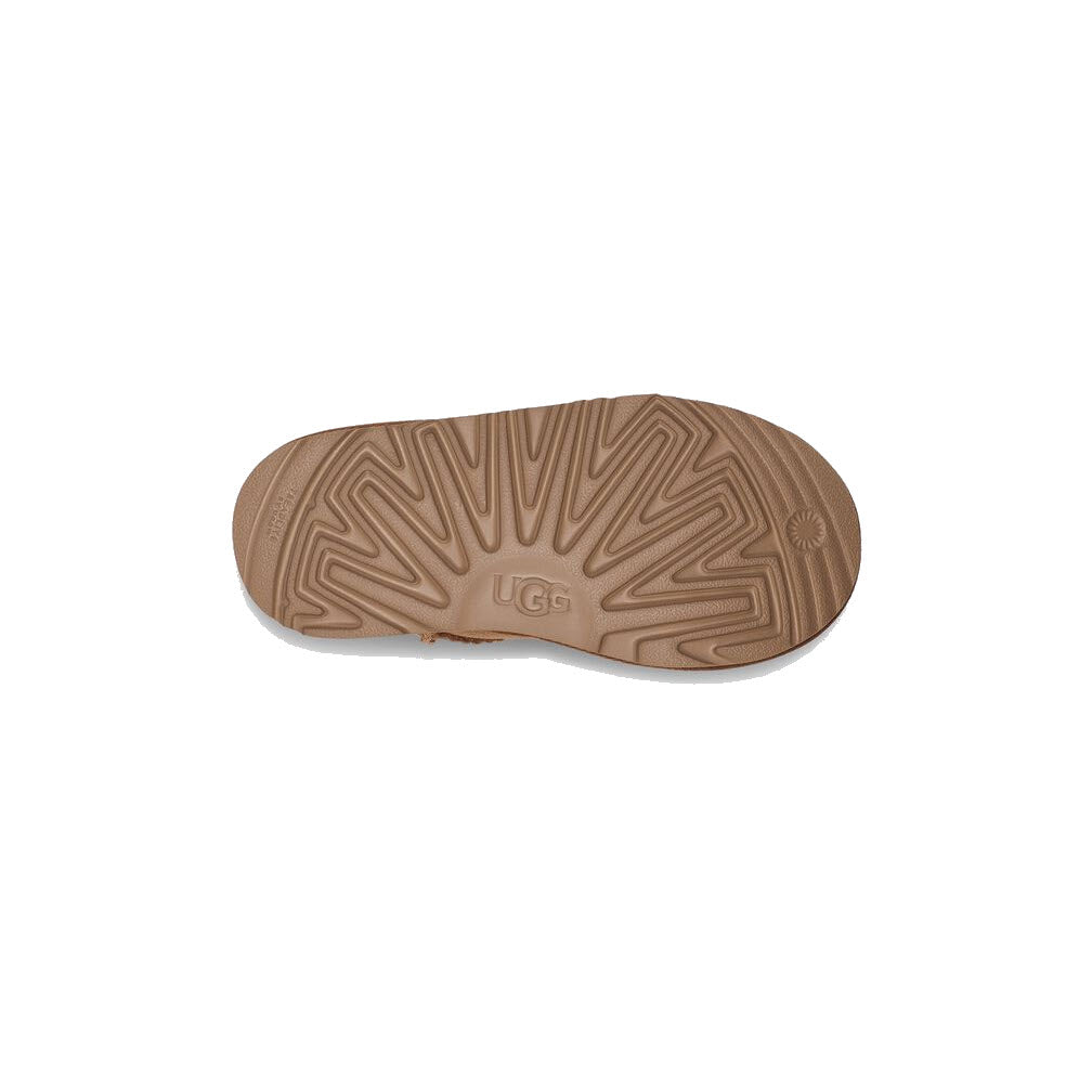 Sole of a UGG shoe with a tread pattern and UGG logo, featuring UGGplush™ insole.