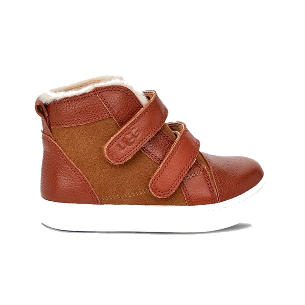 Toddler&#39;s UGG RENNON II WEATHER CHESTNUT suede boot with hook-and-loop closures on a white background.