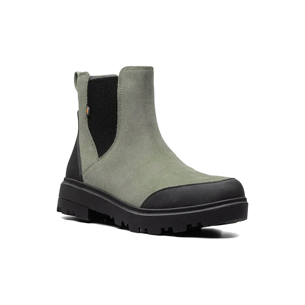 Olive green waterproof leather chelsea boot with black elastic side panels and a thick black sole, isolated on a white background.
Product Name: Bogs Holly Leather Chelsea Green Ash - Womens