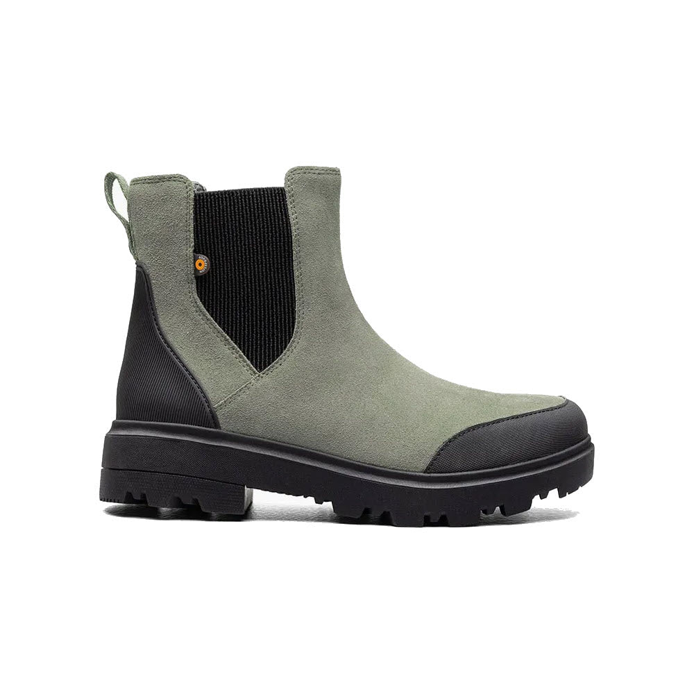 A single Bogs Holly Leather Chelsea Green Ash boot with black elastic side panels and a chunky black rubber sole, viewed from the side on a white background, featuring algae-based footbeds.
