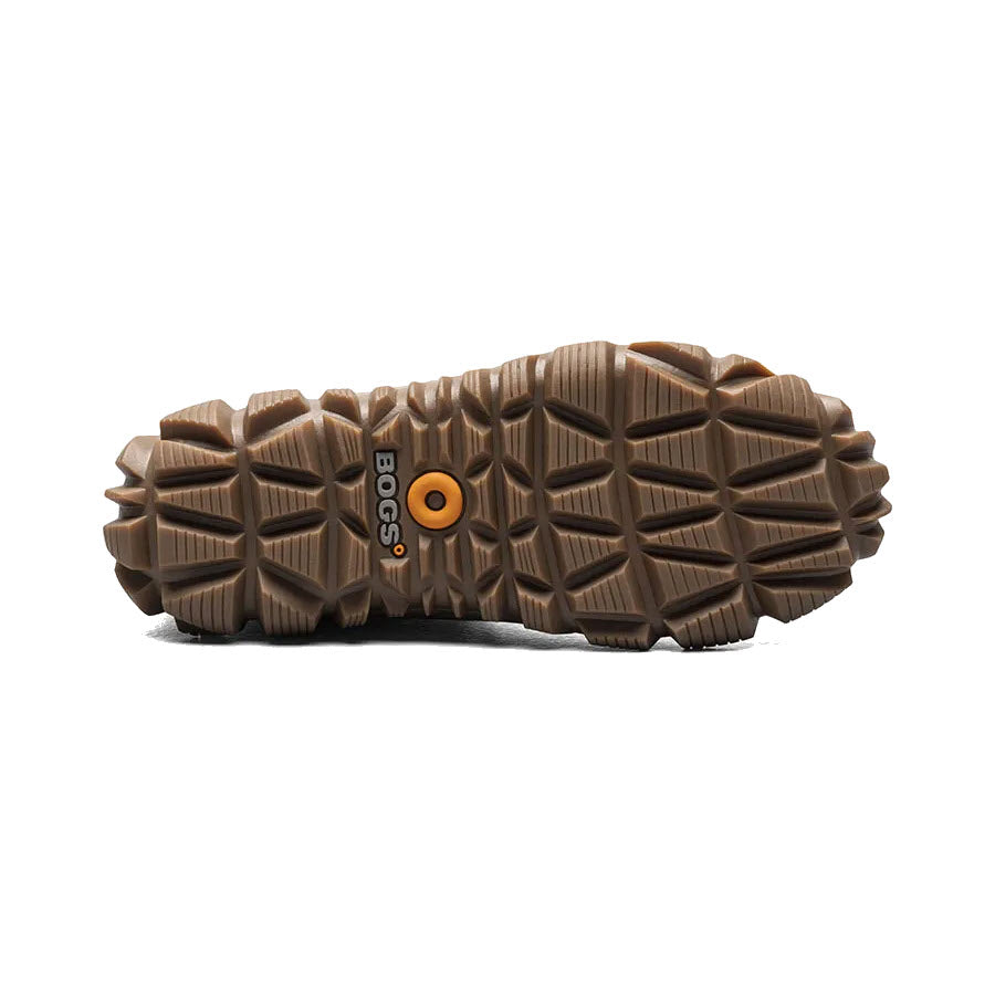 Tread of a brown rubber boot with the brand &quot;Bogs Arcata Leather Caramel - Womens&quot; on the sole.