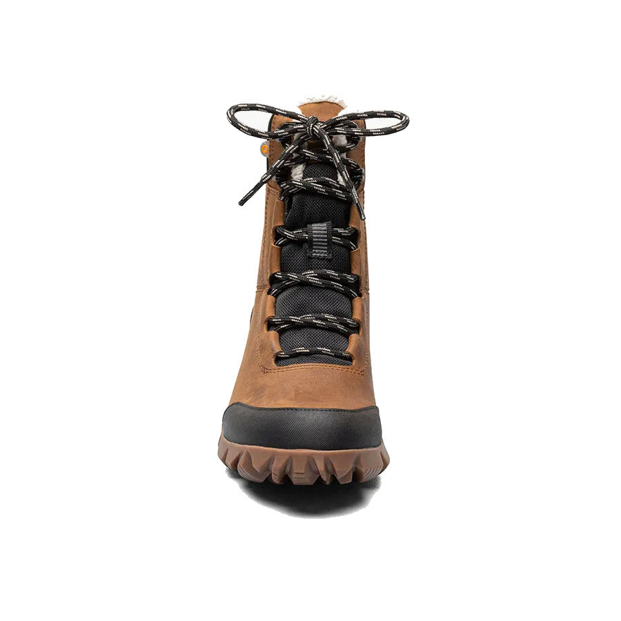 A single brown Bogs Arcata Leather Caramel hiking boot with black laces viewed from the front, featuring waterproof leather uppers.