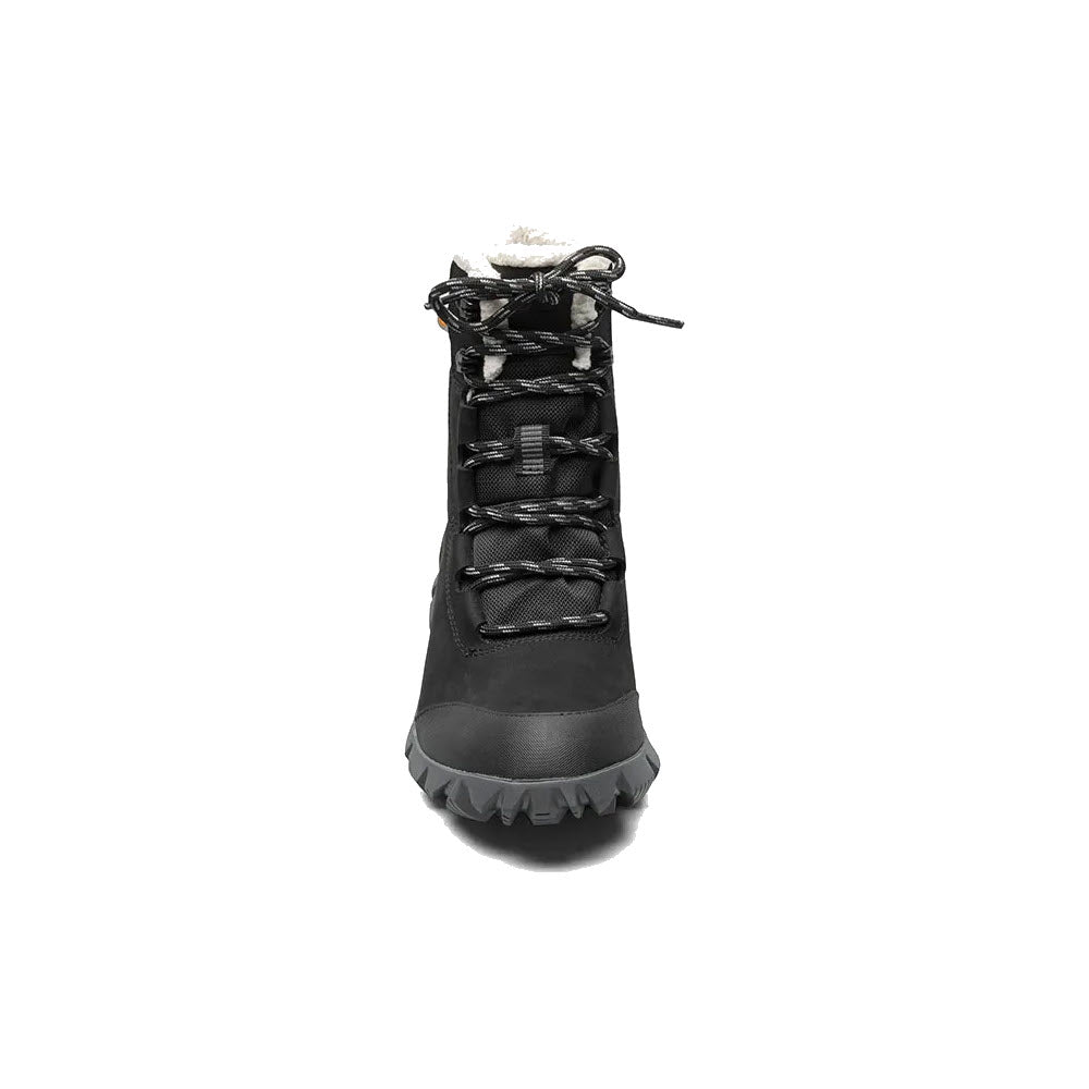 Front view of a single Bogs Arcata Leather Black winter boot with laces.