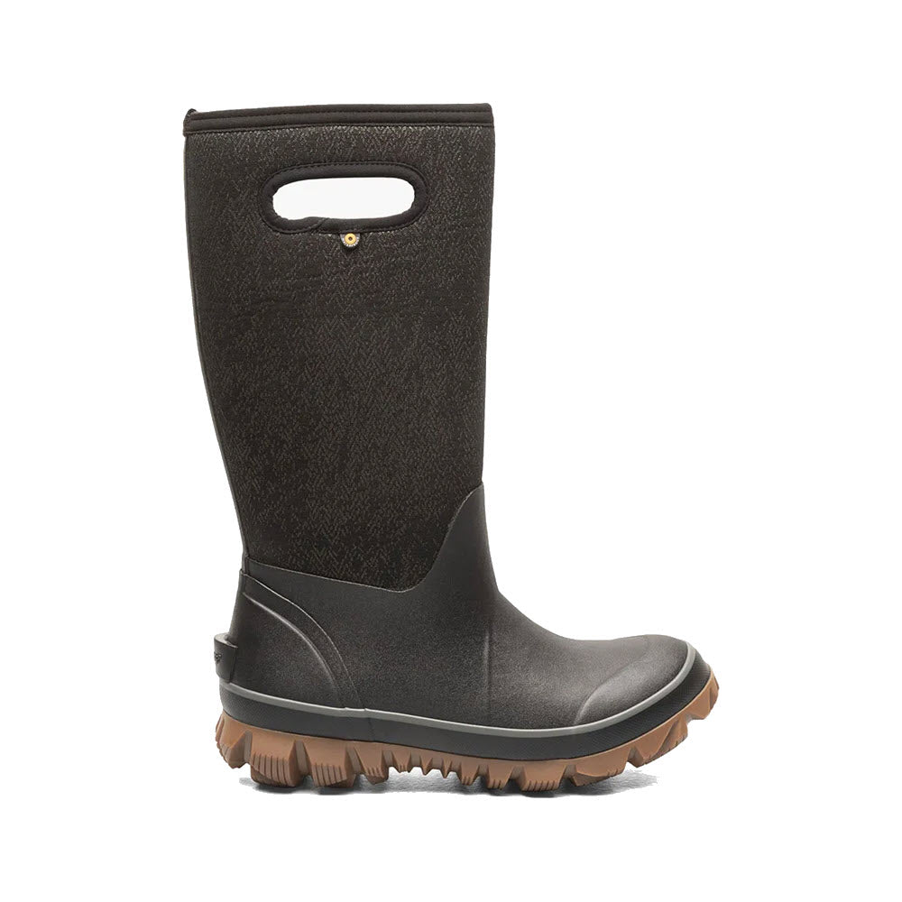 A dark brown rubber boot with a handle at the top and a rugged sole, positioned upright against a white background, ideal for keeping feet dry - BOGS WHITEOUT FADED BLACK - WOMENS by Bogs.