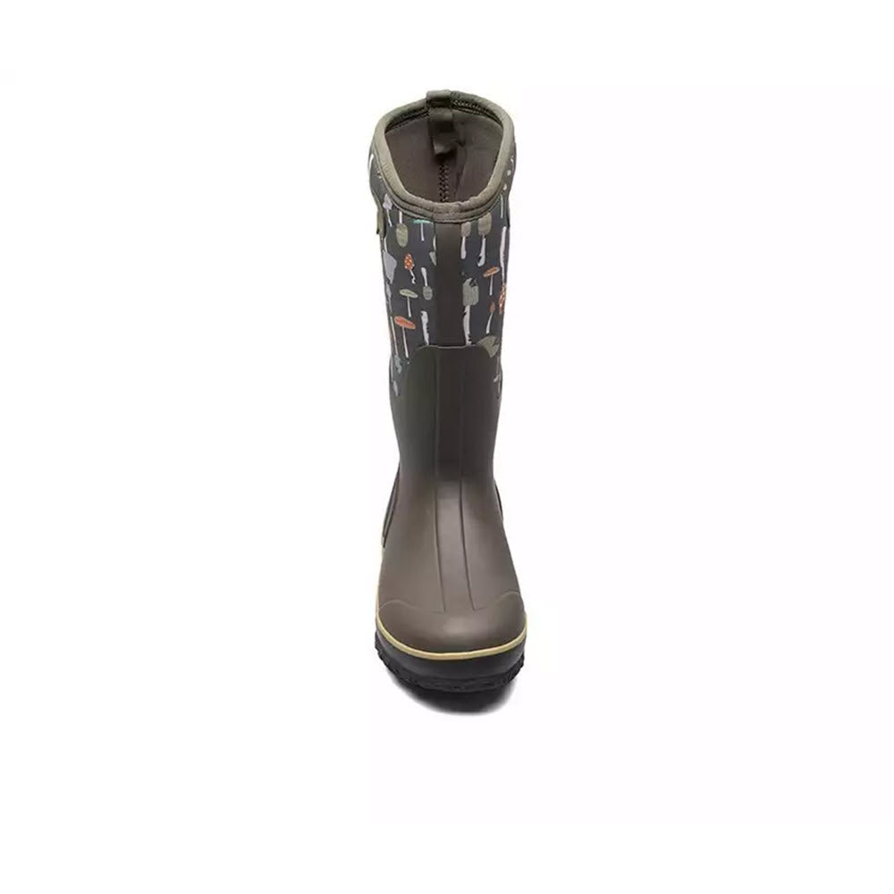 A single waterproof Bogs boot with a patterned shaft on a white background - BOGS CLASSIC TALL MUSHROOM DARK GREEN MULTI WOMENS.