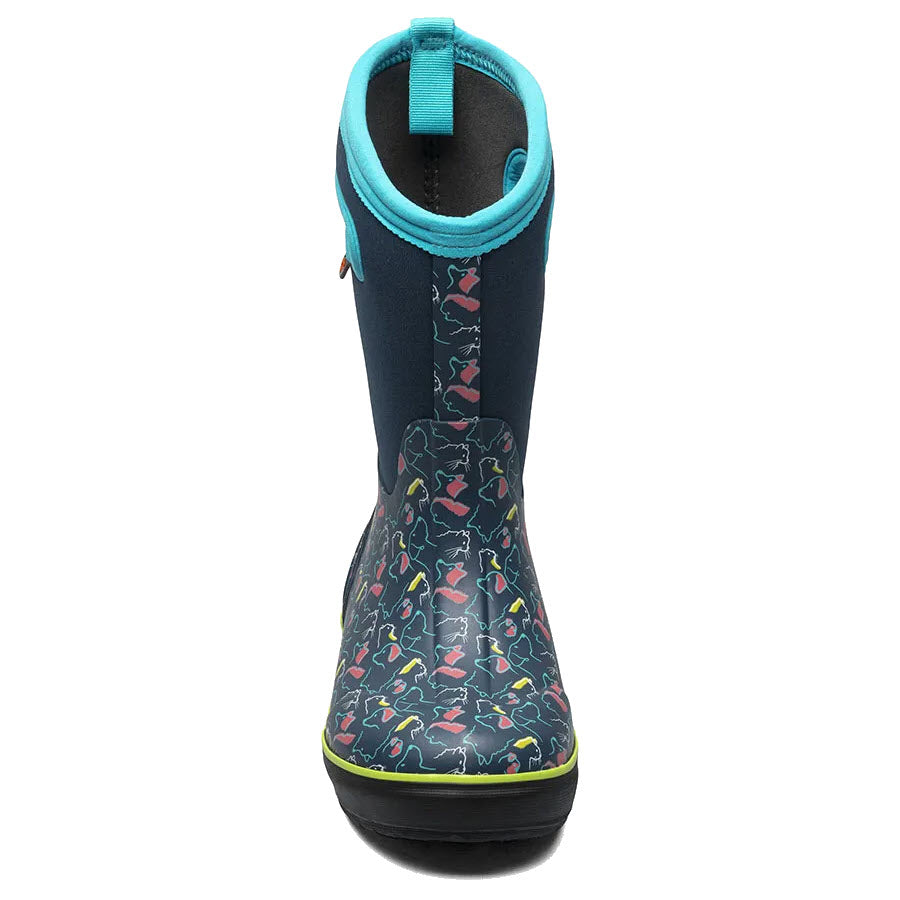 Child&#39;s Bogs Classic II Pets Ink Blue Multi rain boot with a colorful umbrella pattern and a teal loop on the back, featuring Neo-Tech insulation.