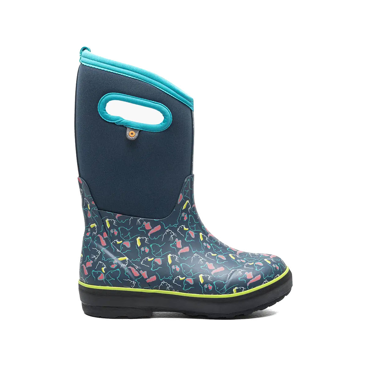 A Bogs Classic II Pets in Ink Blue Multi - Kids with a navy upper decorated with colorful bird patterns, featuring a turquoise handle and neon yellow trim, and equipped with subzero Neo-Tech waterproof insulation, isolated on a white background.