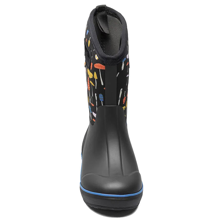Child&#39;s BOGS CLASSIC II MUSHROOMS BLACK MULTI - KIDS rain boot with colorful abstract pattern, blue trim, and 100% waterproof insulation.