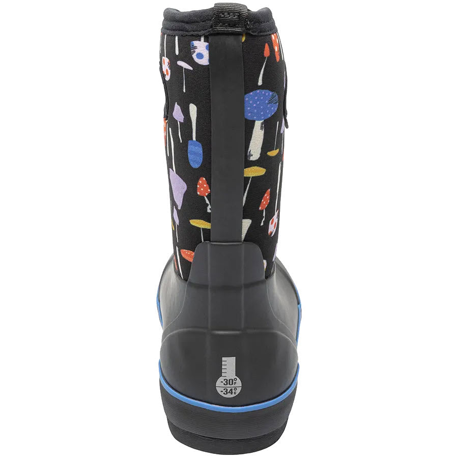Kids Bogs Classic II Mushrooms Black Multi patterned snow boot with rear view showing tread and size label.