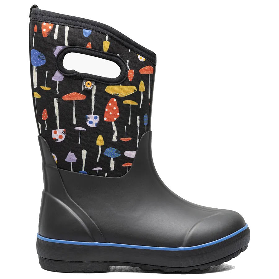 Kids Bogs Classic II Mushrooms black multi rain boot with 100% waterproof insulation.
