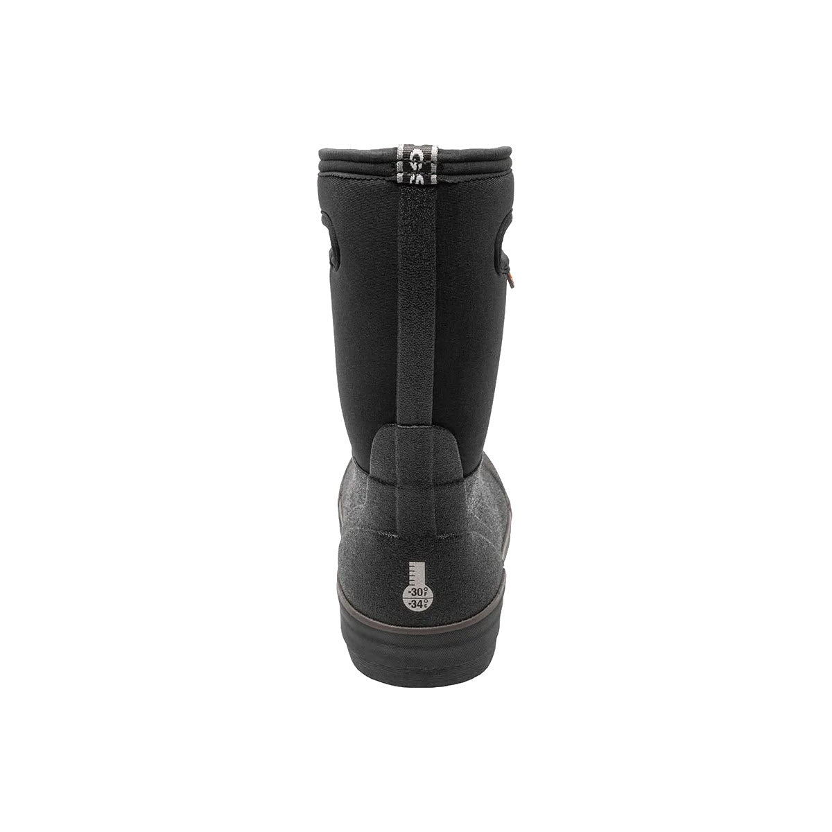 A rear view of a single black Bogs Classic II Solid Black - Kids winter boot with a zipper and 100% waterproof Neo-Tech insulation.