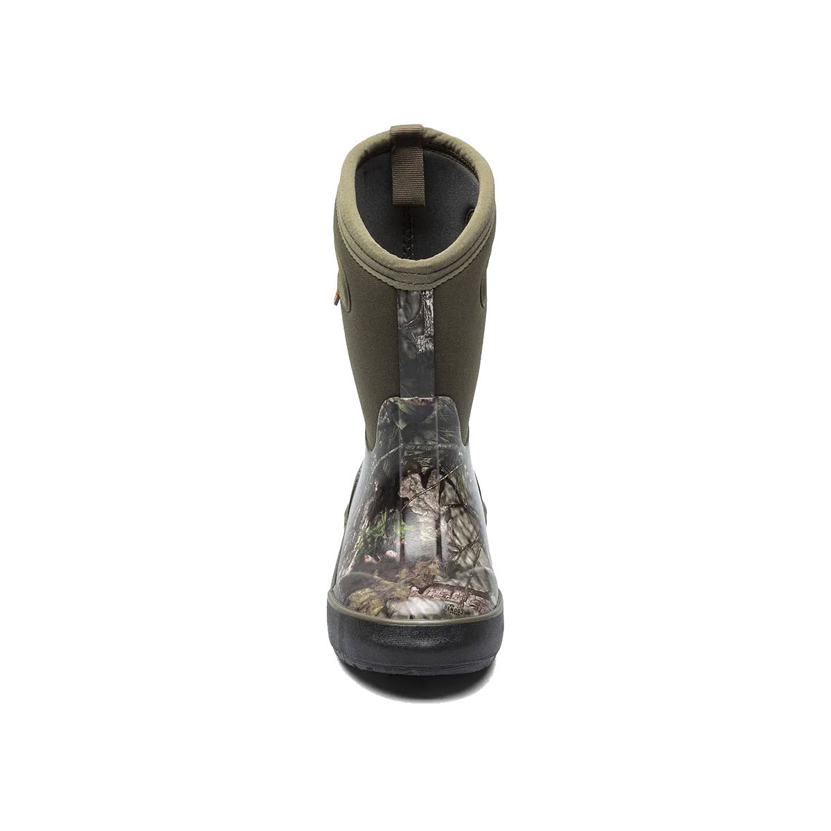 A single Bogs Classic II Mossy Oak kids&#39; boot with a zipper, viewed from the front, isolated on a white background.