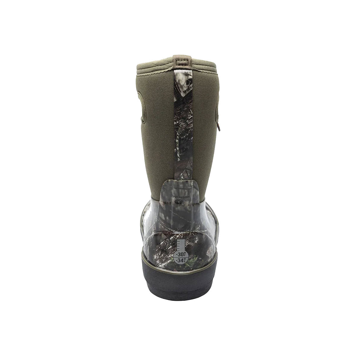 Front view of a Bogs Kids&#39; Classics khaki and camouflage print boot with visible size label on the sole.