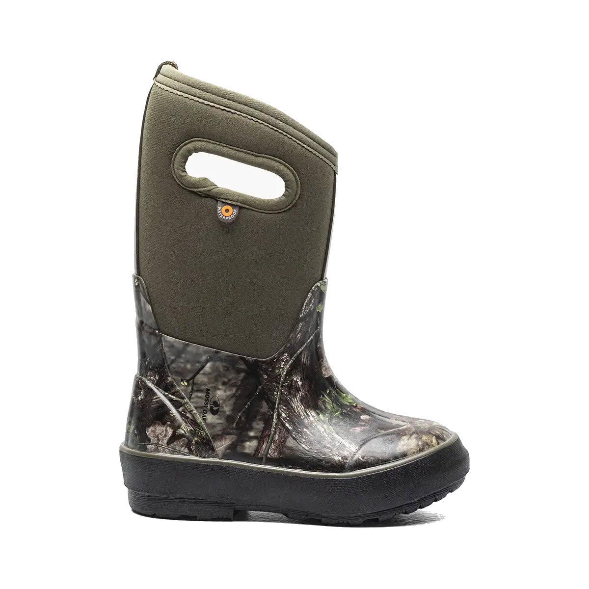 Bogs Classic II Mossy Oak - Kids rubber boot with green neoprene shaft and built-in handle, designed for better traction, isolated on white background.