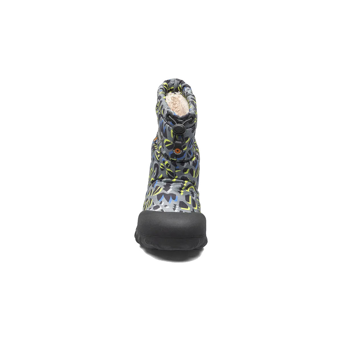 A single Bogs BMOC Snow Adventure Gray Multi - Kids waterproof insulated winter boot with a patterned design, viewed from the front.