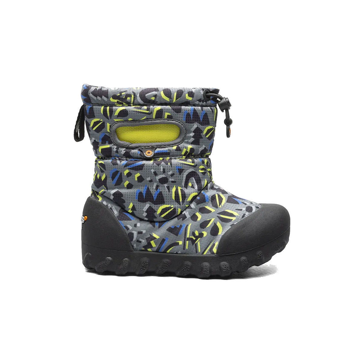 Patterned Bogs children's winter boot with velcro closure on a white background, designed as waterproof kids snow boots.
