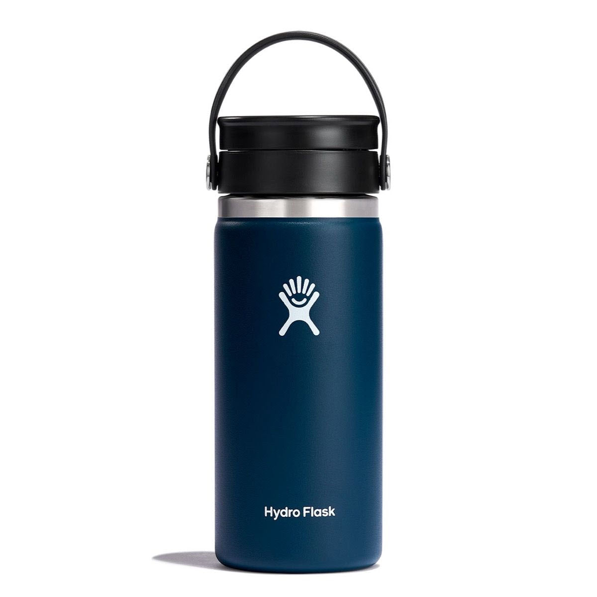 A blue Hydro Flask Wide Mouth Coffee 16oz Indigo water bottle with a leak-free black lid and handle, featuring a white logo on the front.
