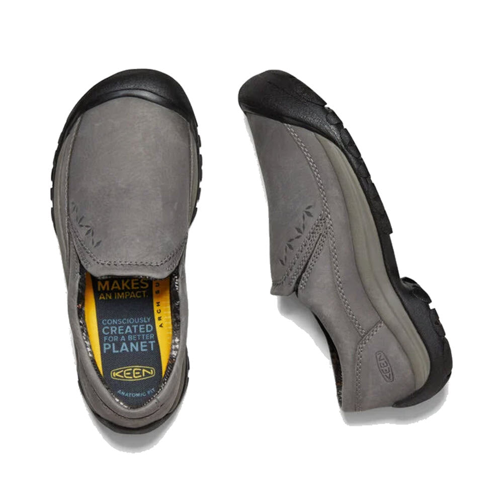 A pair of gray Keen women&#39;s Kaci III Winter Slip On Steel Grey boots displayed from top and side views, featuring waterproofing.