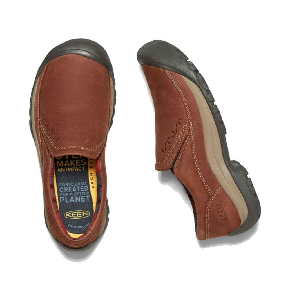 A pair of Keen women&#39;s Kaci III Winter Slip On Tortoise Shell boots displayed from a top angle view, featuring waterproofing and a floral pattern.