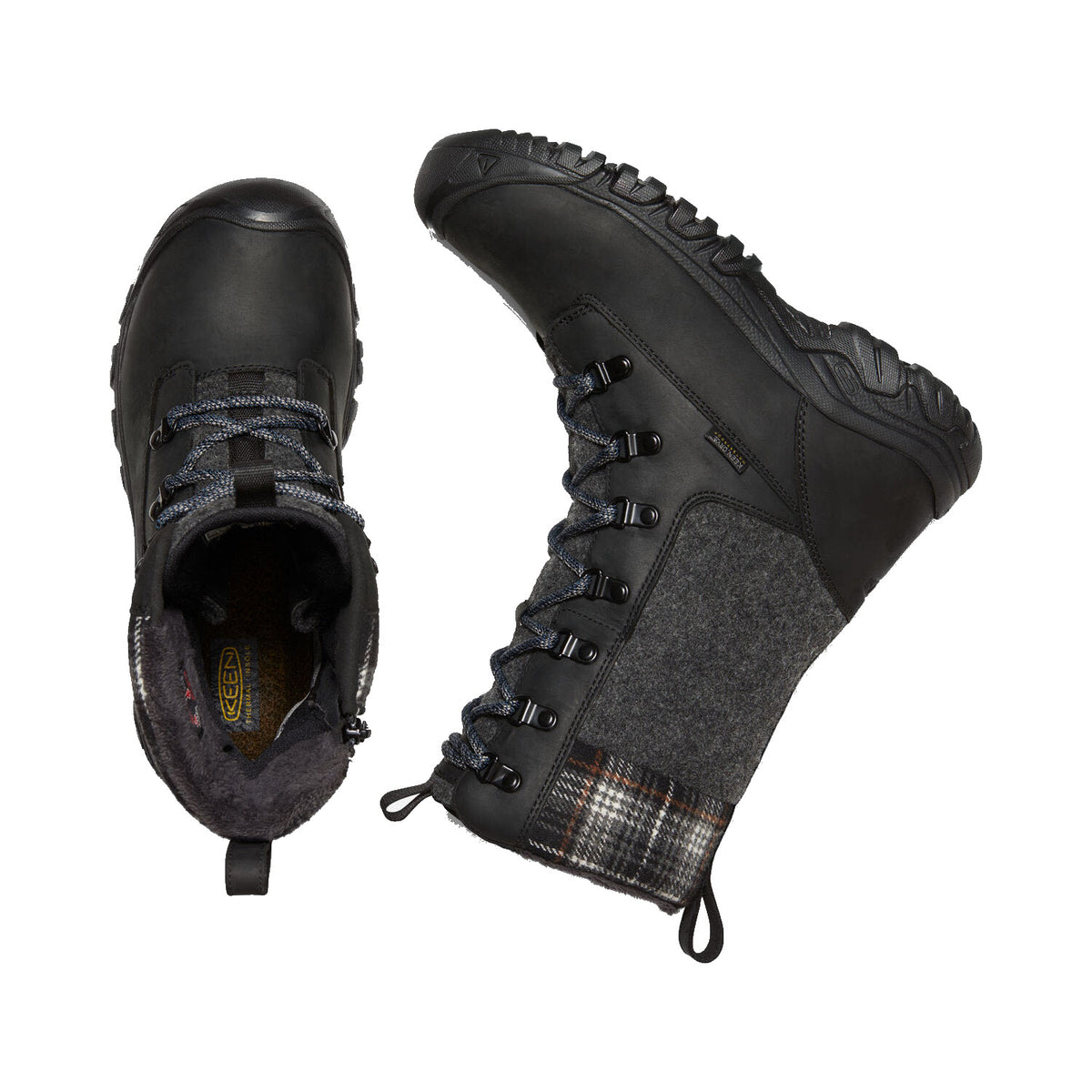 A pair of black Keen Greta Tall Waterproof Boot with laces on a white background.