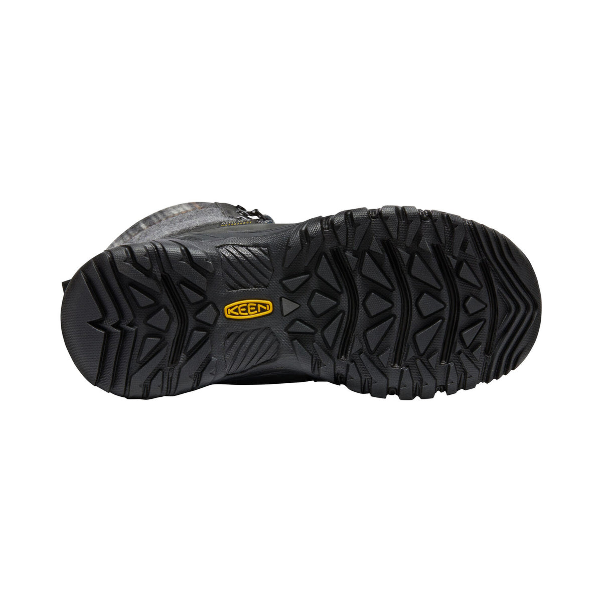 Sole of a Keen KEEN GRETA TALL BOOT WP BLACK - WOMENS with a black tread pattern and the Keen logo.