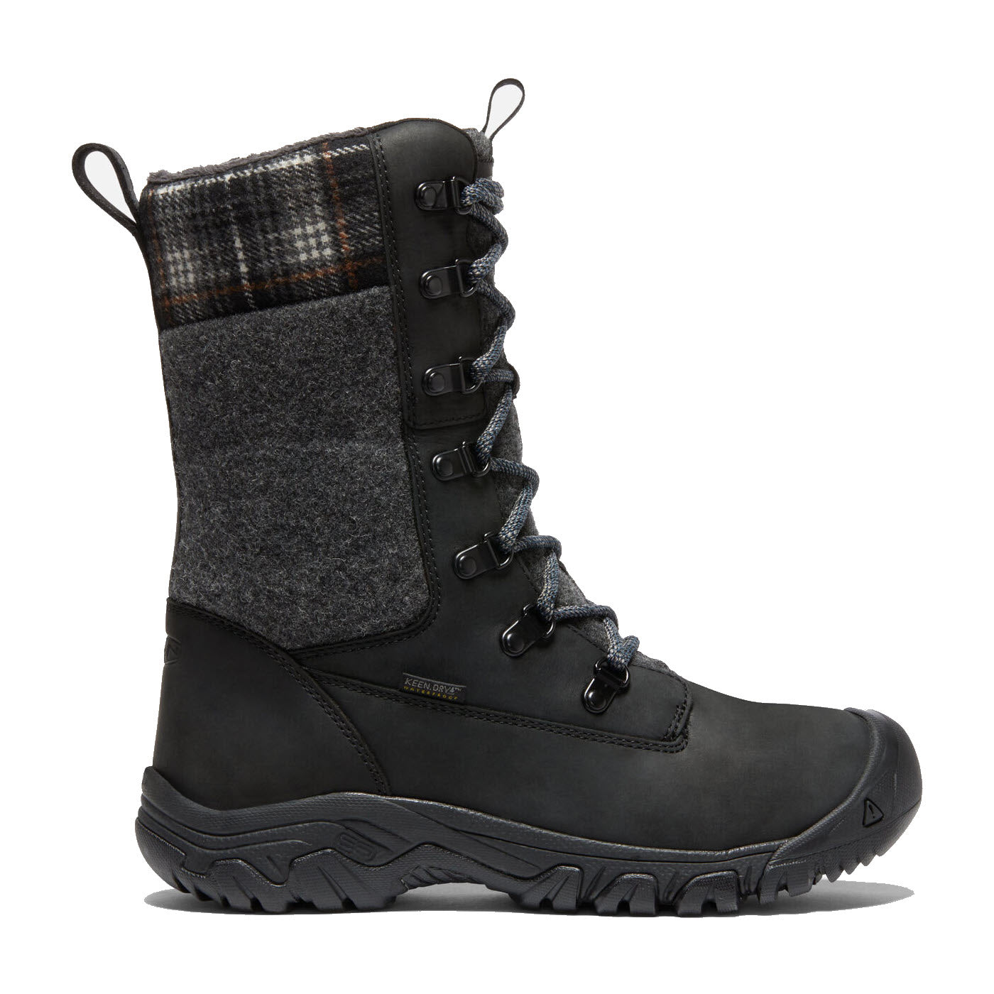 Men's winter boot with plaid detailing, lace-up front, and Keen.Dry membrane.