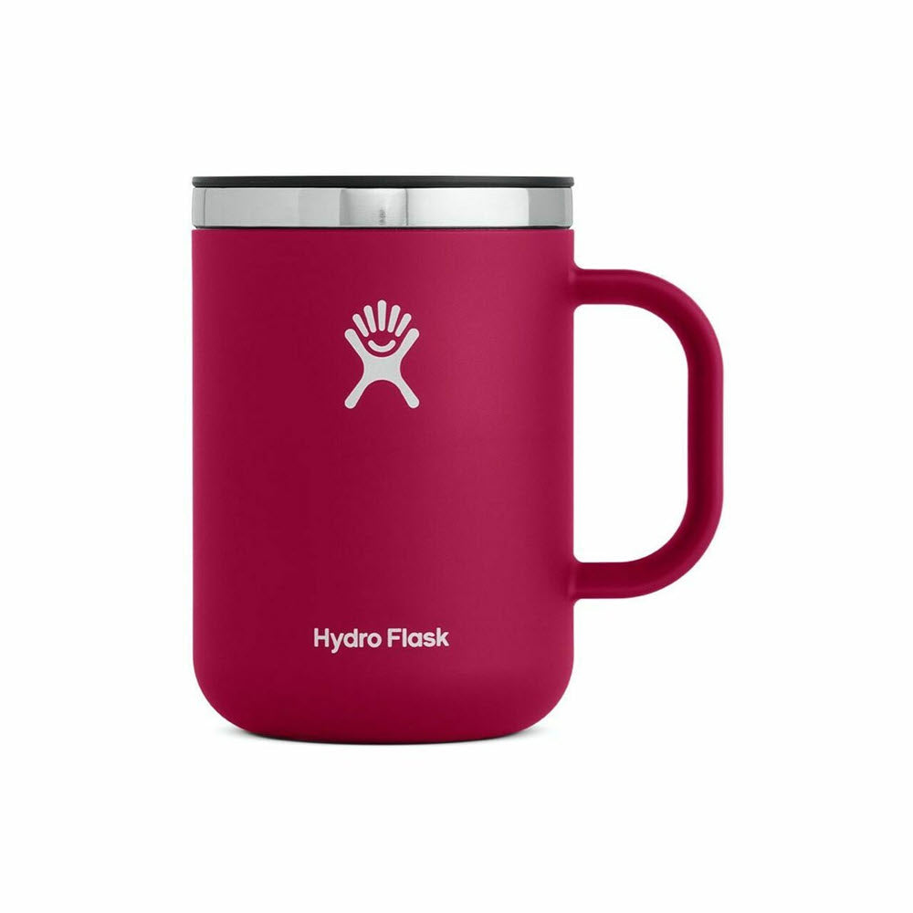 A red HYDROFLASK COFFEE MUG 24OZ SNAPPER with a handle and brand logo on a white background, ideal for keeping beverages at a stable temperature.
