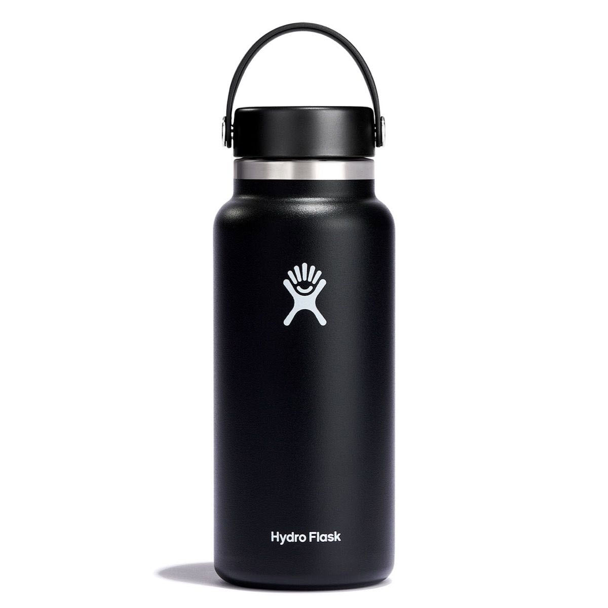 Hydro Flask Wide Mouth 32oz Black insulated stainless steel Bottle with a brand logo featuring Color Last™ powder coat.