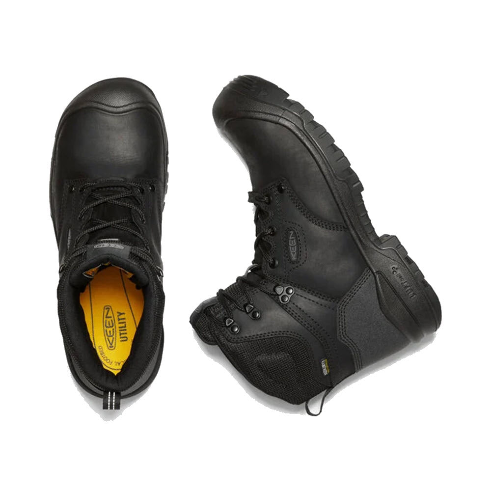 A pair of KEEN Independence 6&quot; WP Black - Mens work boots with KEEN.DRY waterproof technology and laces viewed from above.