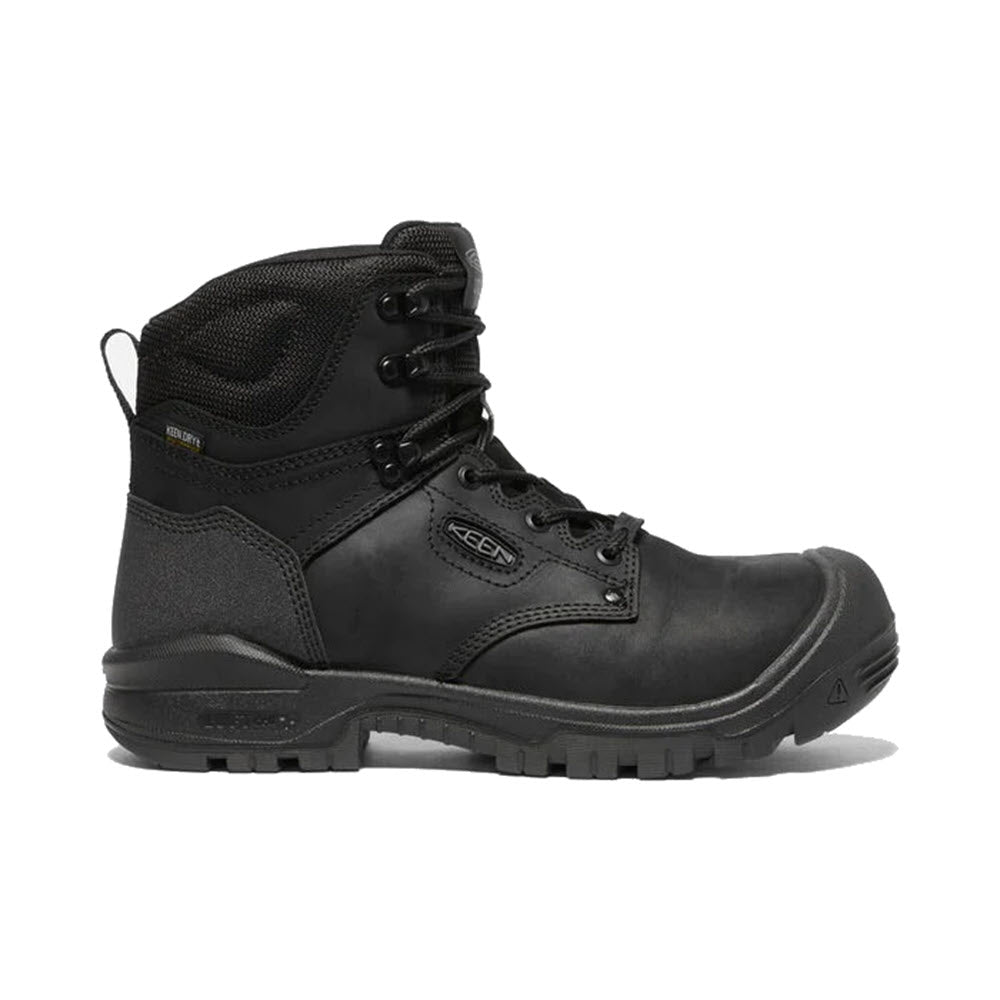 Black KEEN INDEPENDENCE 6" WP BLACK - MENS utility boot with KEEN.DRY waterproof technology on white background.