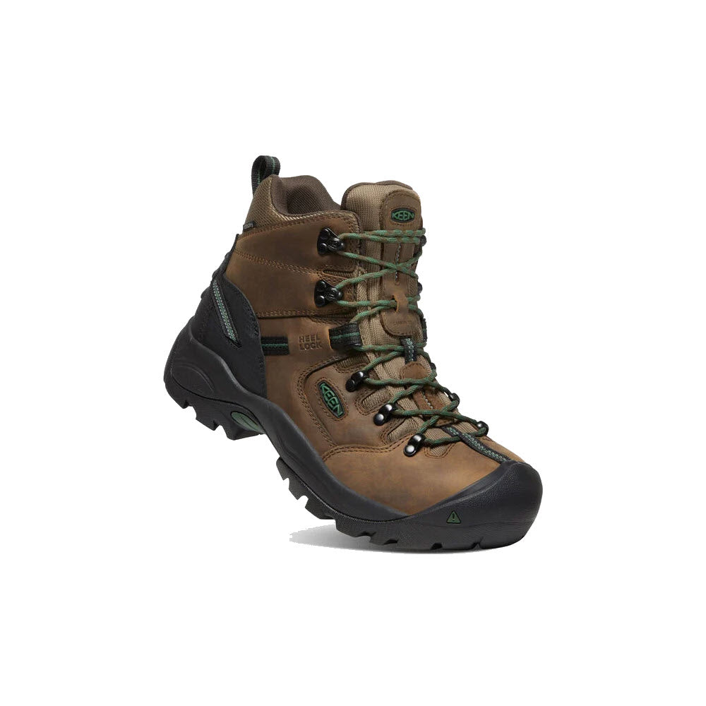 A single Keen Pittsburgh Comp Toe 6&quot; WP Cascade Brown men&#39;s hiking boot with green laces and black sole, isolated on a white background.