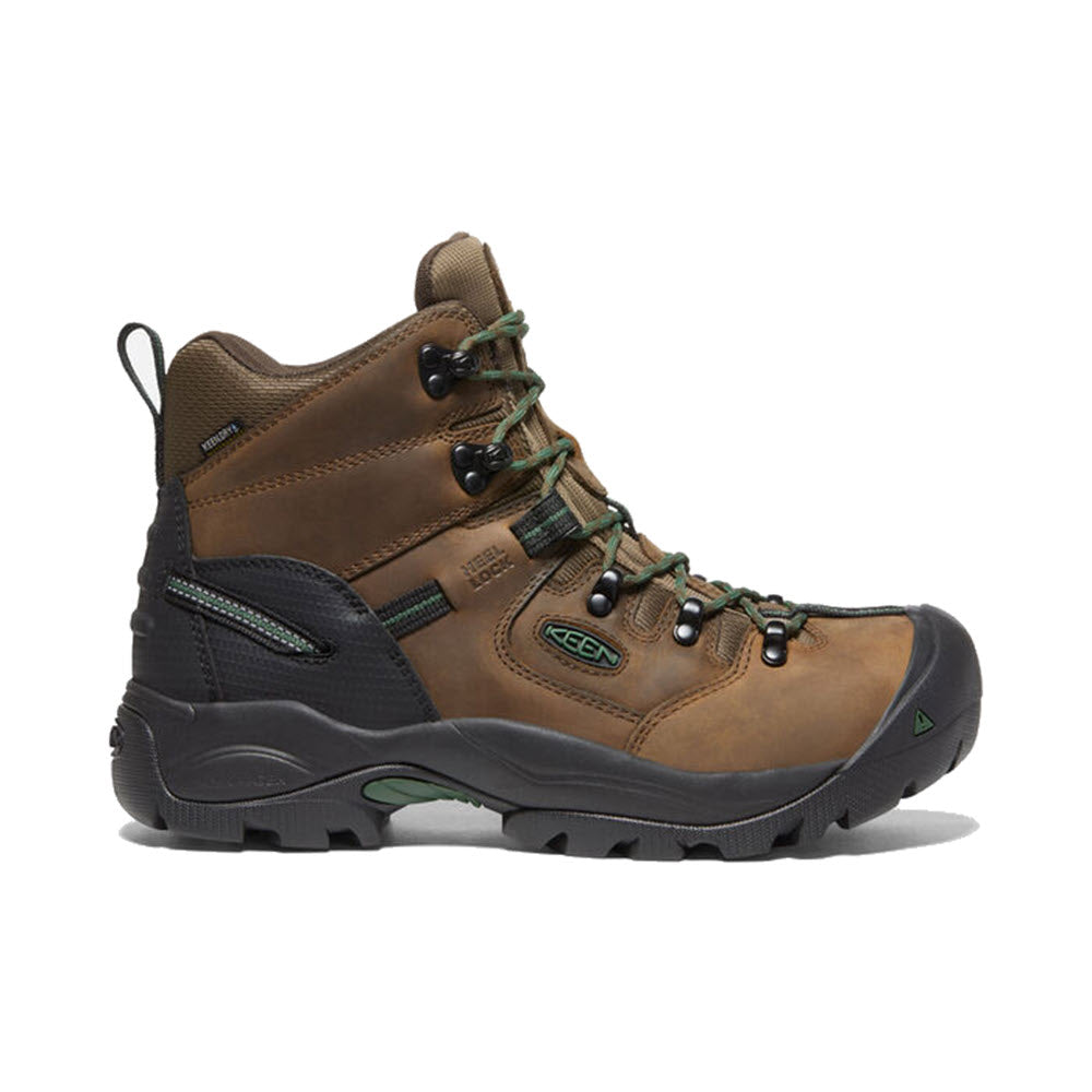 A single Keen Pittsburgh Comp Toe 6" WP Cascade Brown - Mens athletic hiking boot with green laces, carbon-fiber toes, and visible branding on a white background.