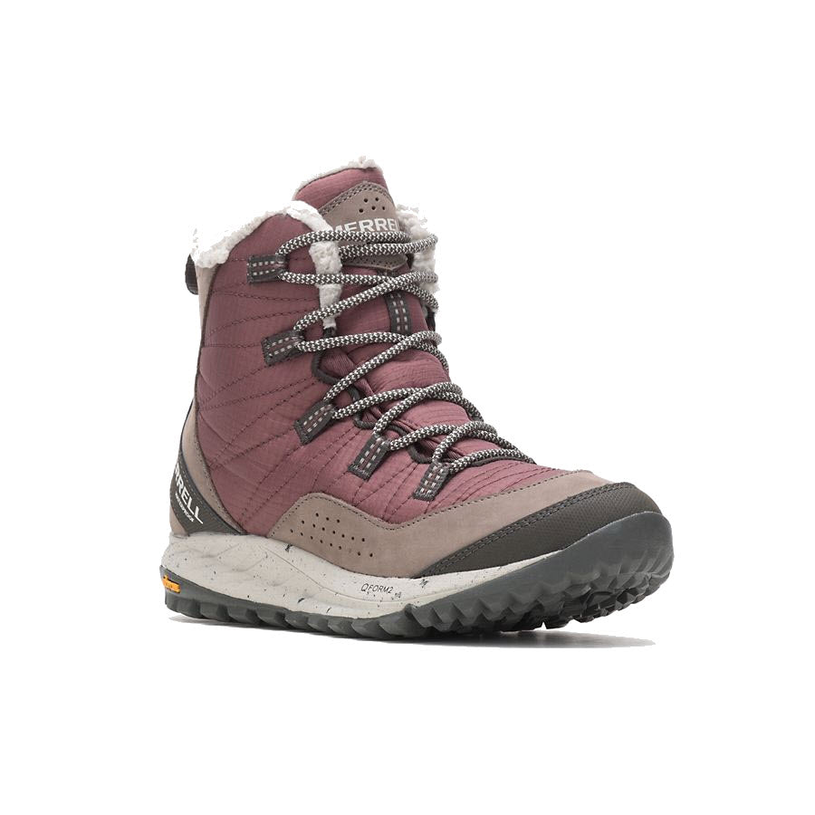 A single maroon and gray Merrell Antora Sneaker Boot with fleece lining and sneaker-light comfort, designed for cold-weather escape.