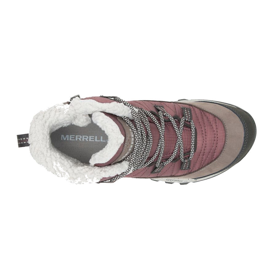Top view of the Merrell Women&#39;s Antora Sneaker Boot Marron, featuring a burgundy and gray color scheme with plush white lining.